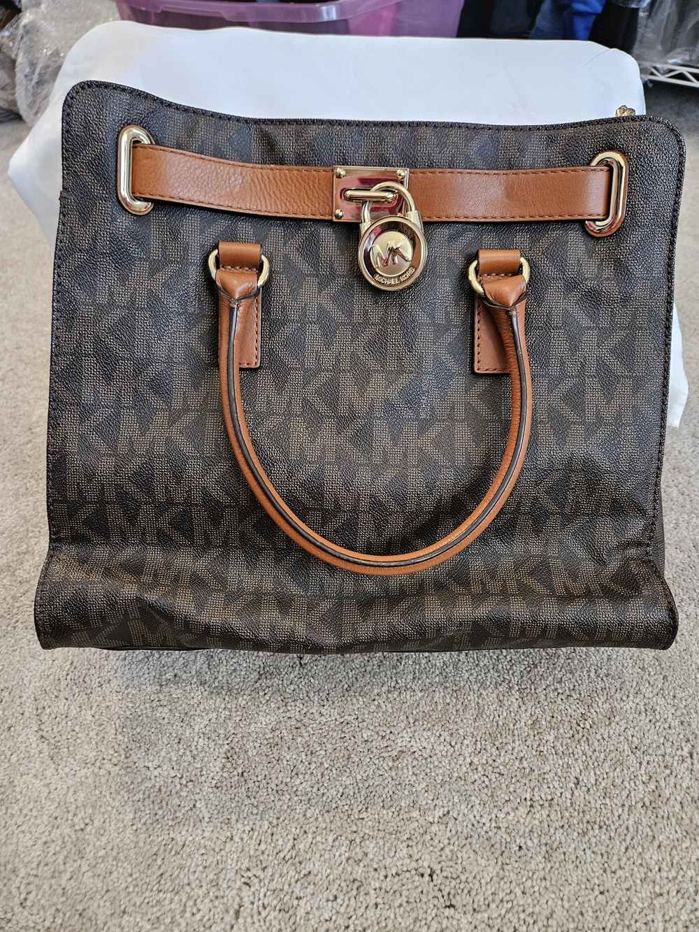 Michael Kors Brown Logo Satchel with Tan Leather Trim